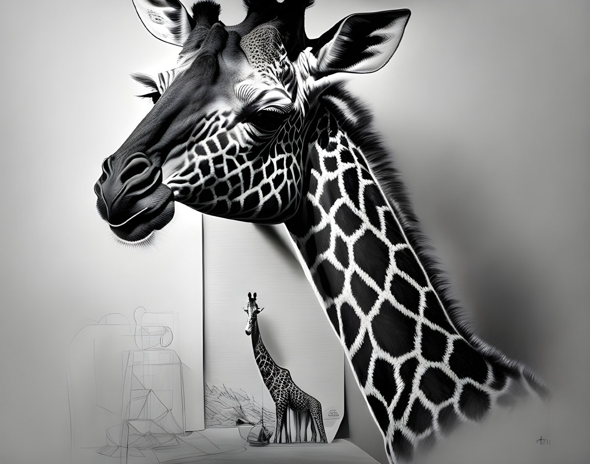 Monochromatic giraffe illustration with elongated neck on paper