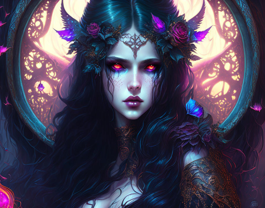 Fantasy portrait of woman with red eyes, roses, moon tiara & butterflies