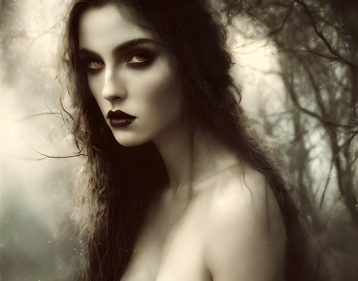 Dark-haired woman with piercing eyes and black lipstick in mystical forest setting