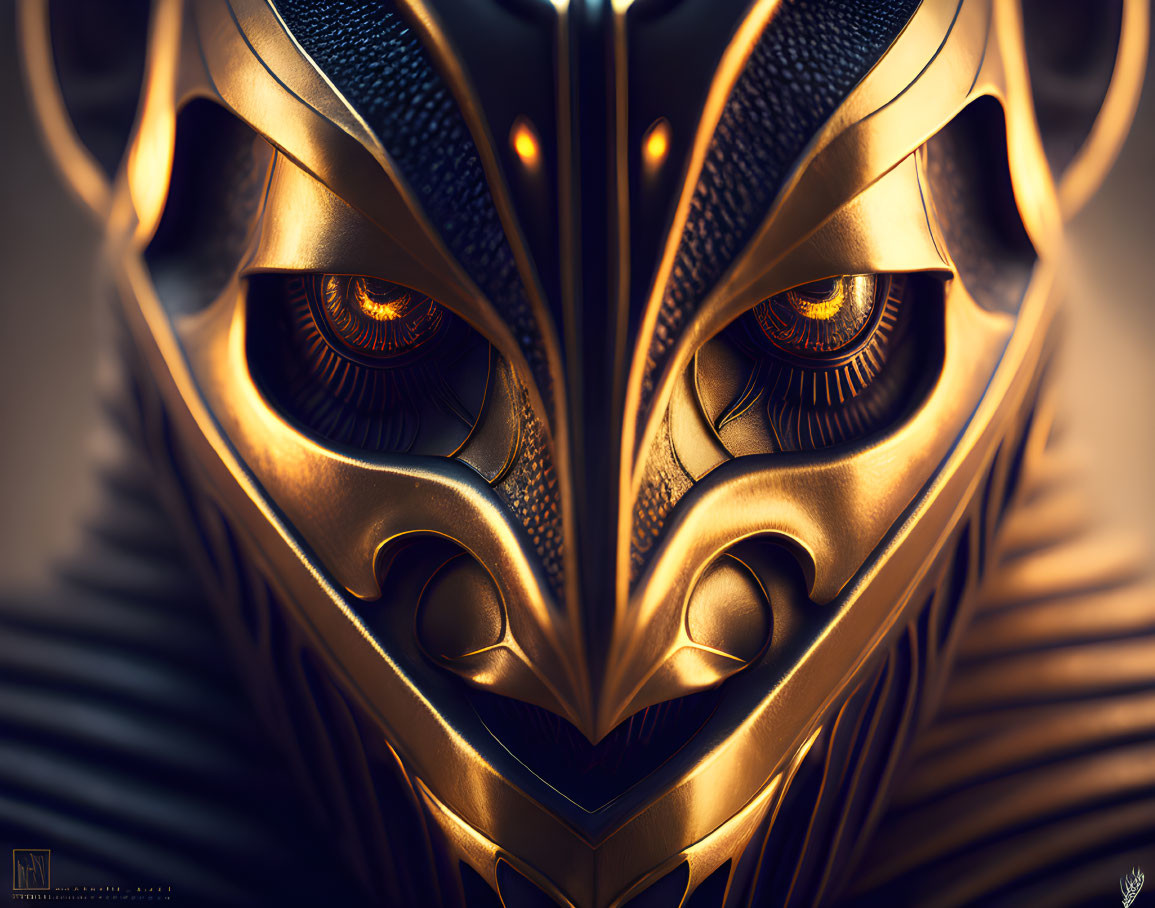 Golden feline mask with intricate details and vibrant orange eyes.