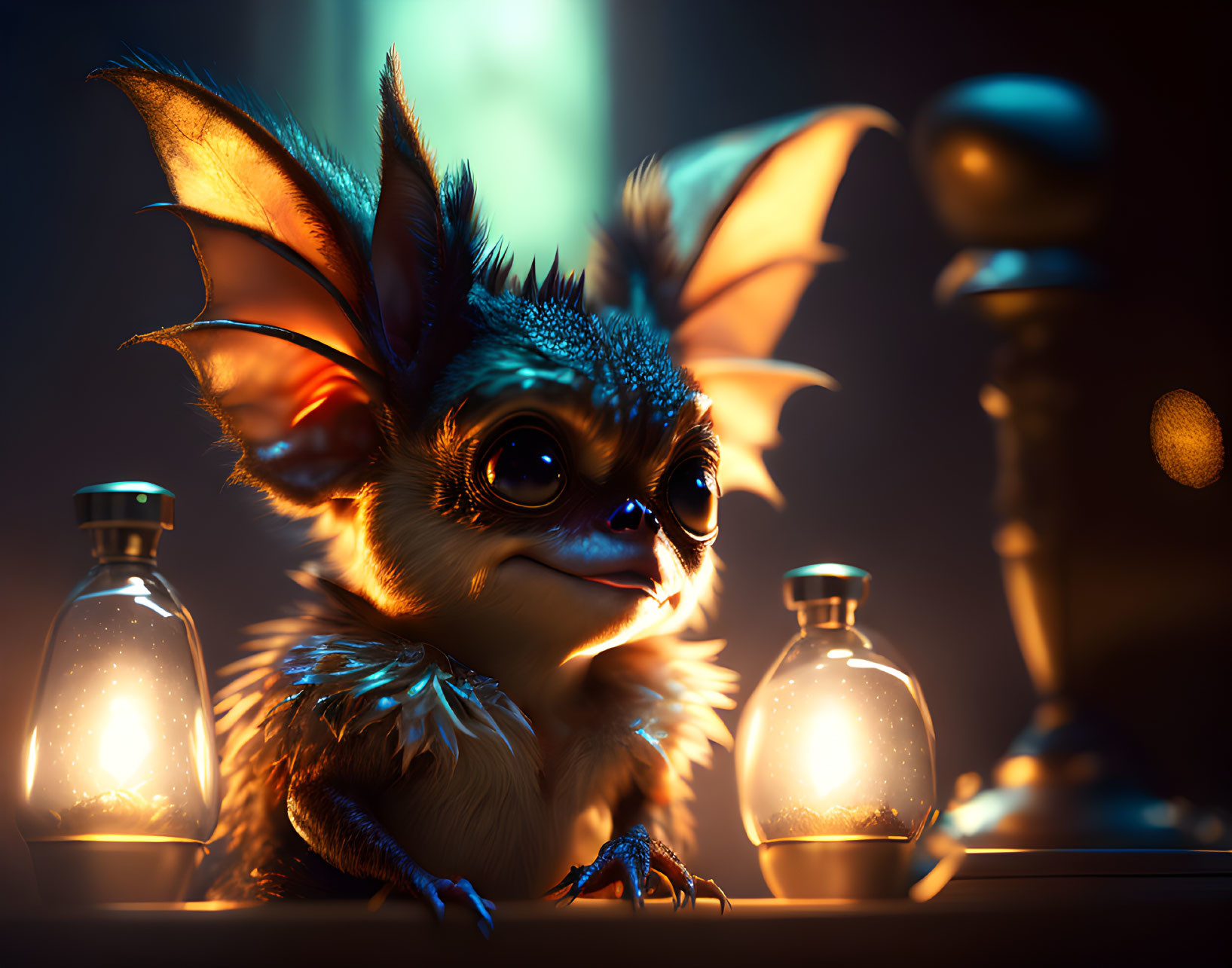 Whimsical creature with bat-like wings beside glowing bottles