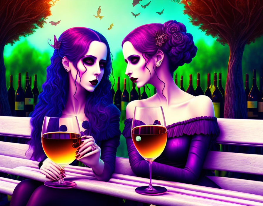 Two blue-skinned women with dark hair on purple bench with wine glasses, surreal colorful background.