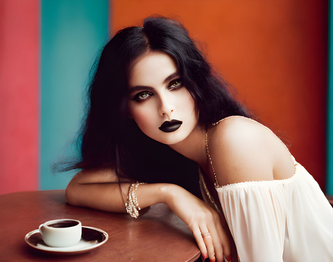 Woman in dark makeup and white dress next to coffee cup on colorful background