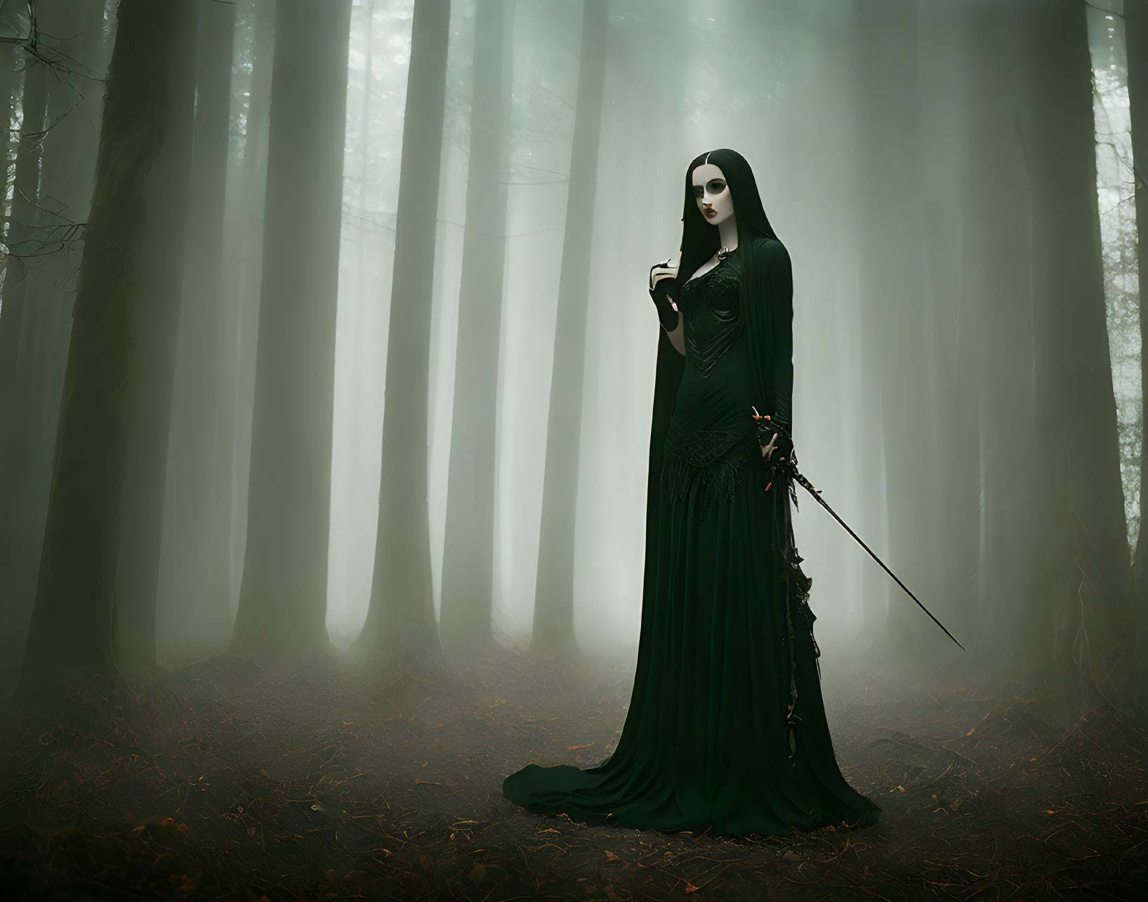 Mysterious figure in dark green gown with long black hair in misty forest