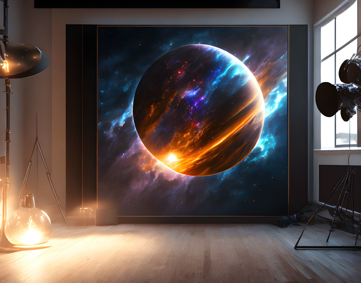 Contemporary room with large screen showing planet and nebulae, surrounded by studio lighting.