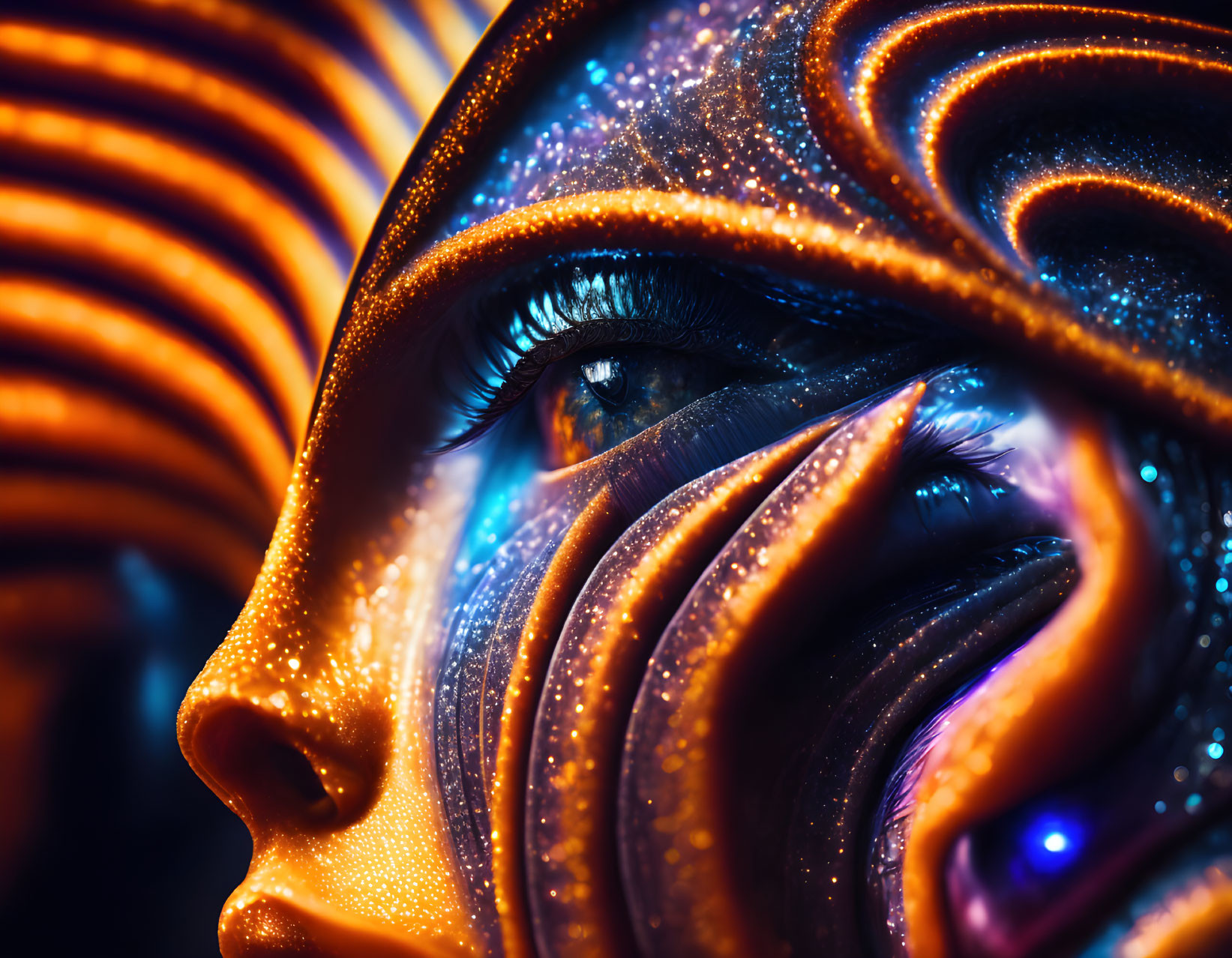 Person with vibrant cosmic paint and glitter in close-up portrait.