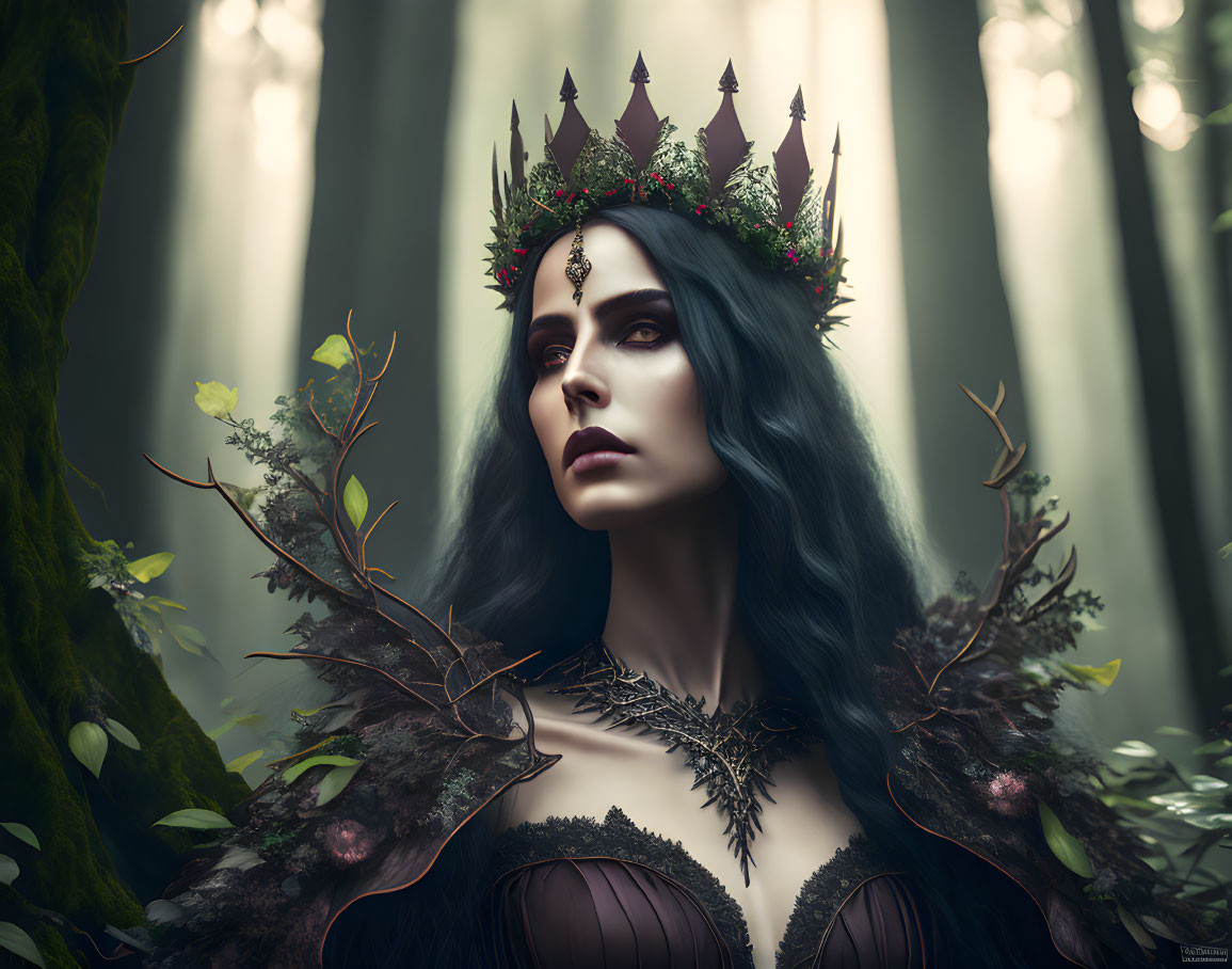 Dark-haired woman with nature crown in mystical forest scene