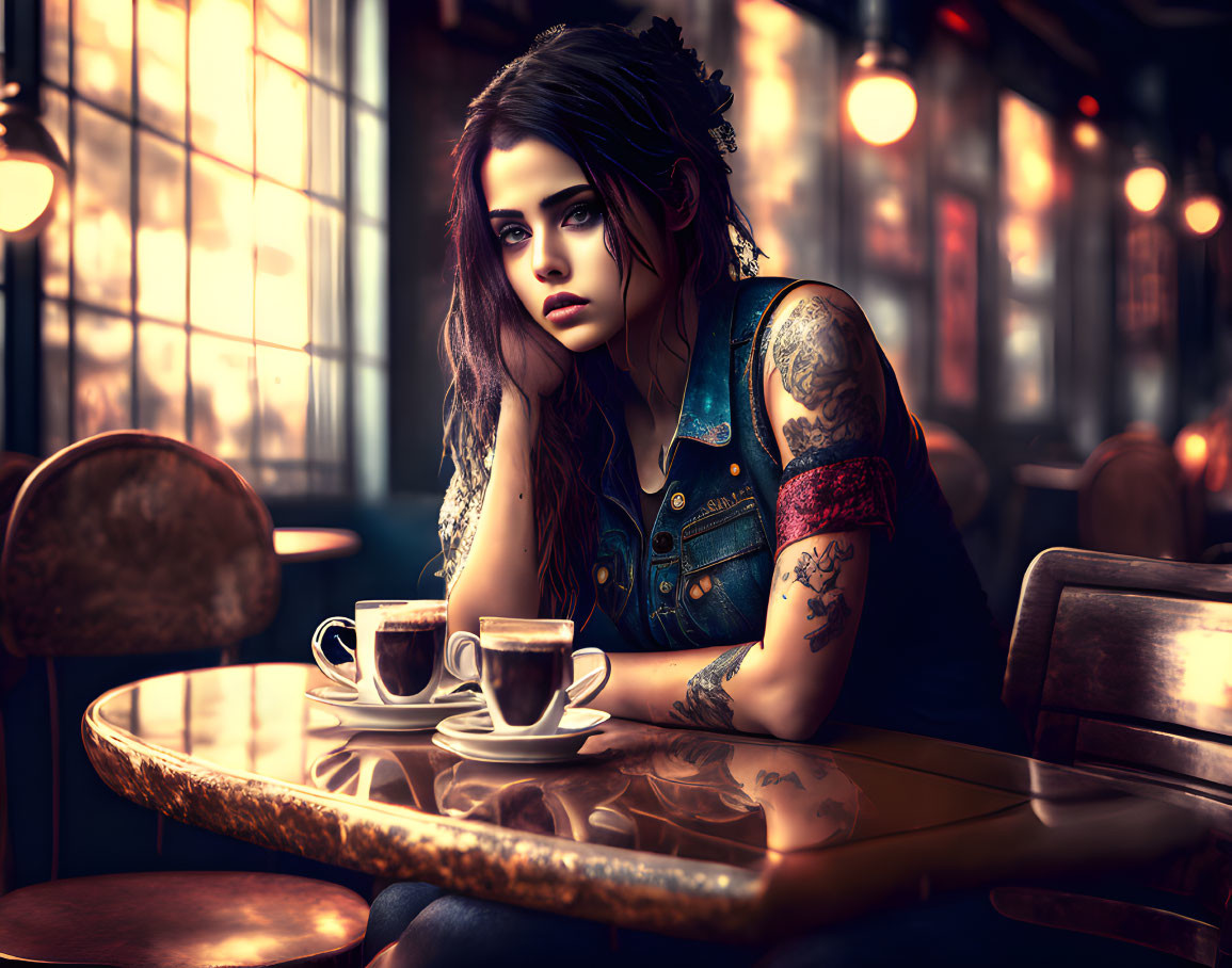 Young woman with tattoos at café table with coffee cups and moody lighting