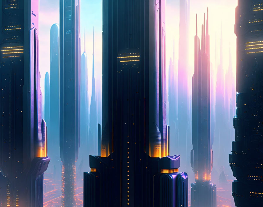 Futuristic cityscape: towering skyscrapers, neon lights, twilight sky