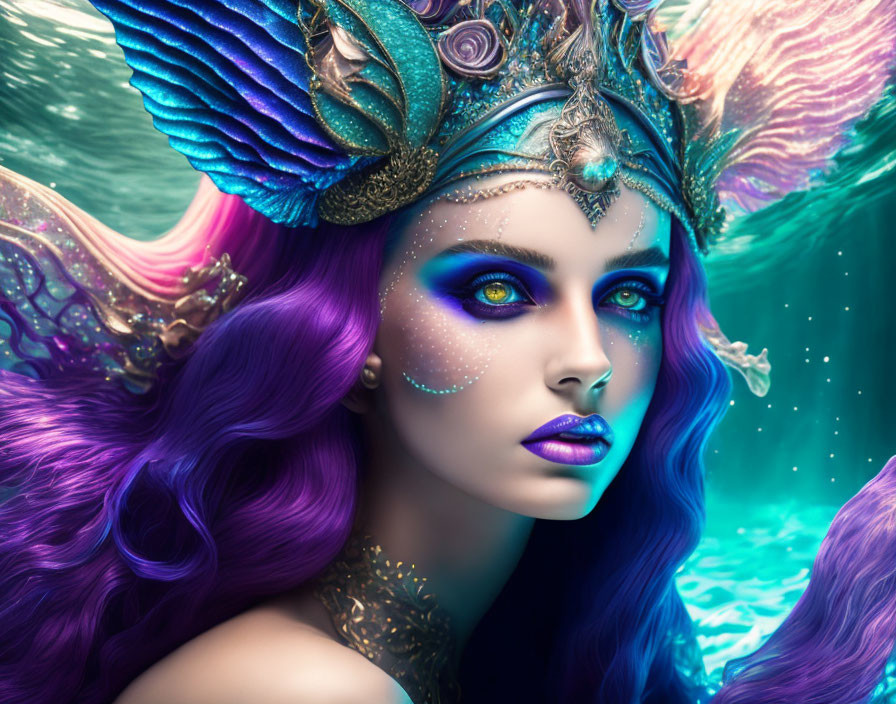 Violet-haired woman with marine-themed headpiece and blue makeup