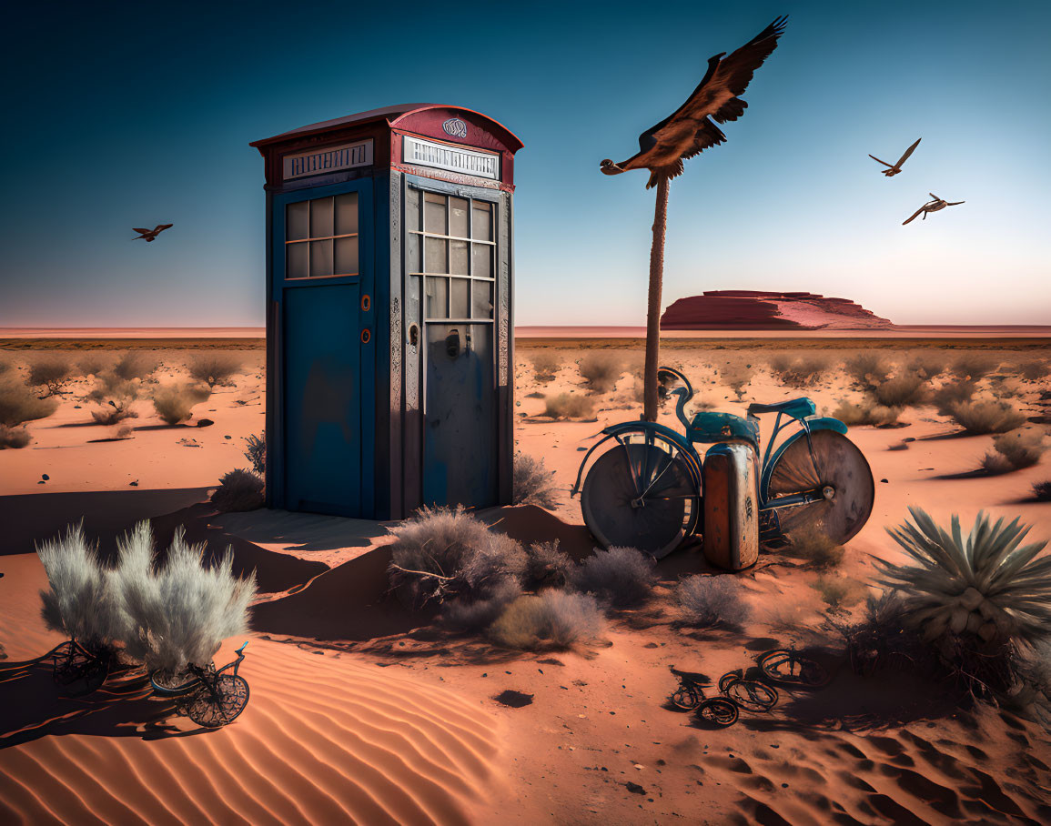 Vintage phone booth, buried bicycle, eagle soaring in desert dusk sky