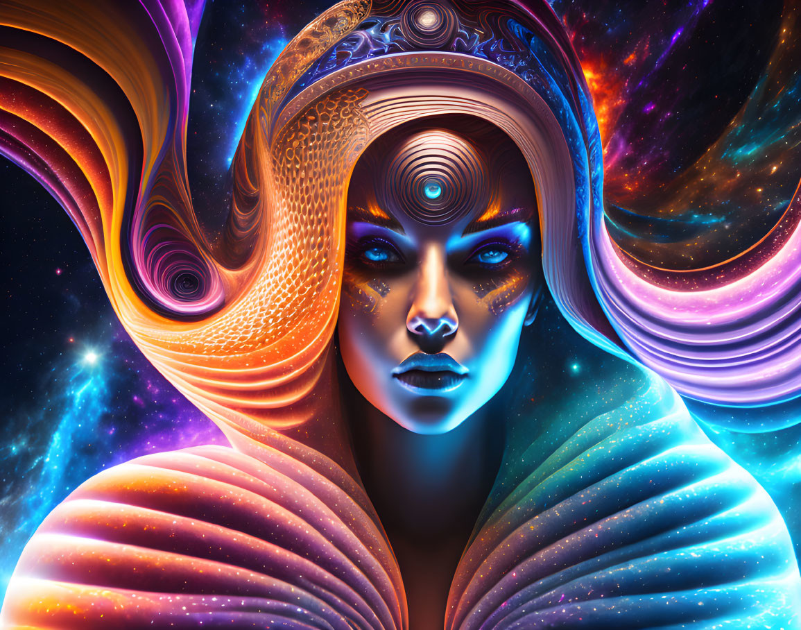 Cosmic-themed digital art with vibrant colors and intricate patterns