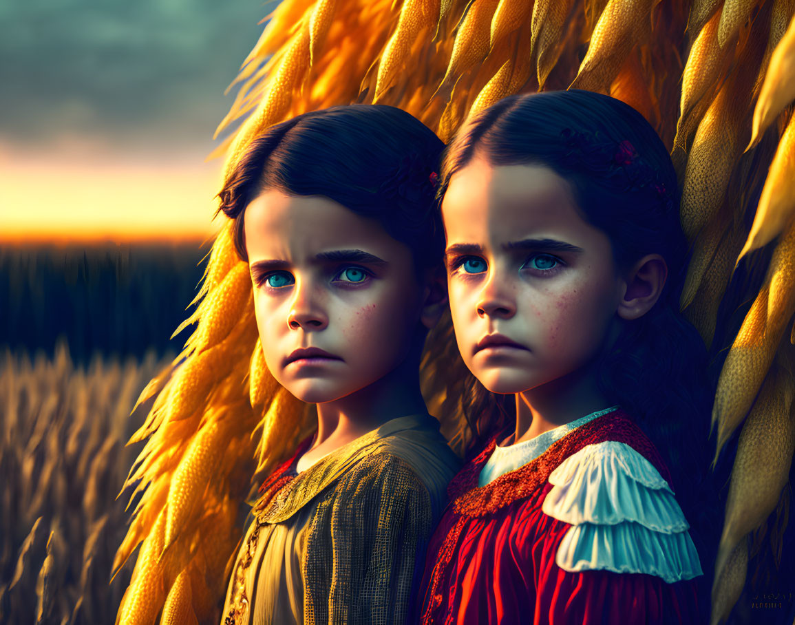 Young girls in golden wheat field at sunset with warm light.