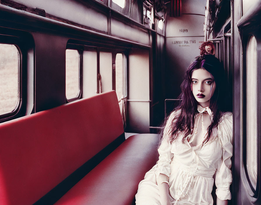 Dark-haired woman in vintage train car with plush red seats