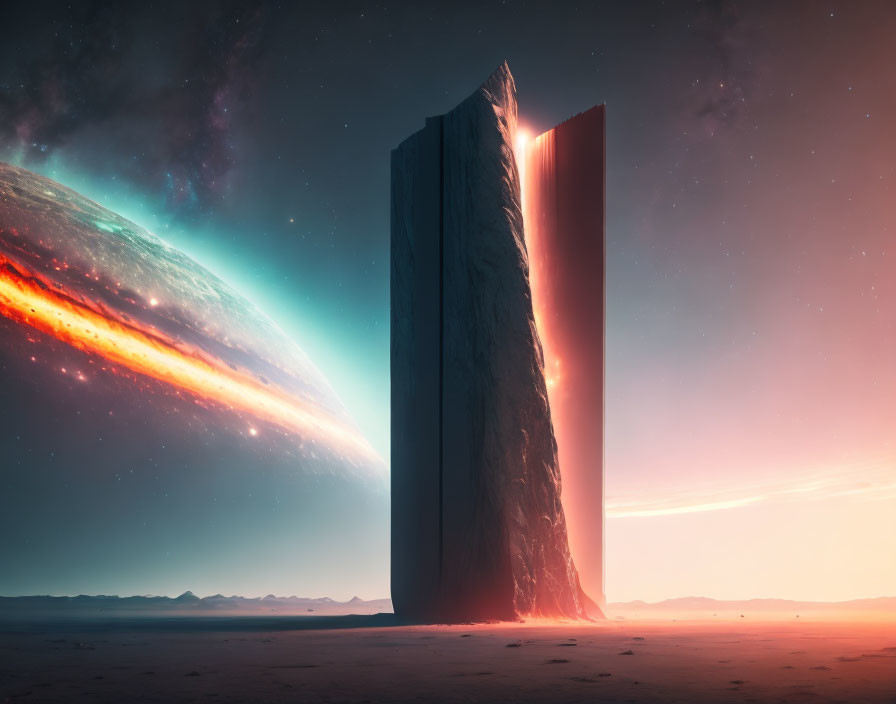 Enormous monolith on alien landscape with planet and star-filled sky