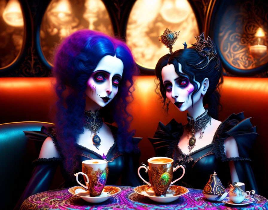 Stylized gothic female figures with blue and black hair in Victorian attire having tea