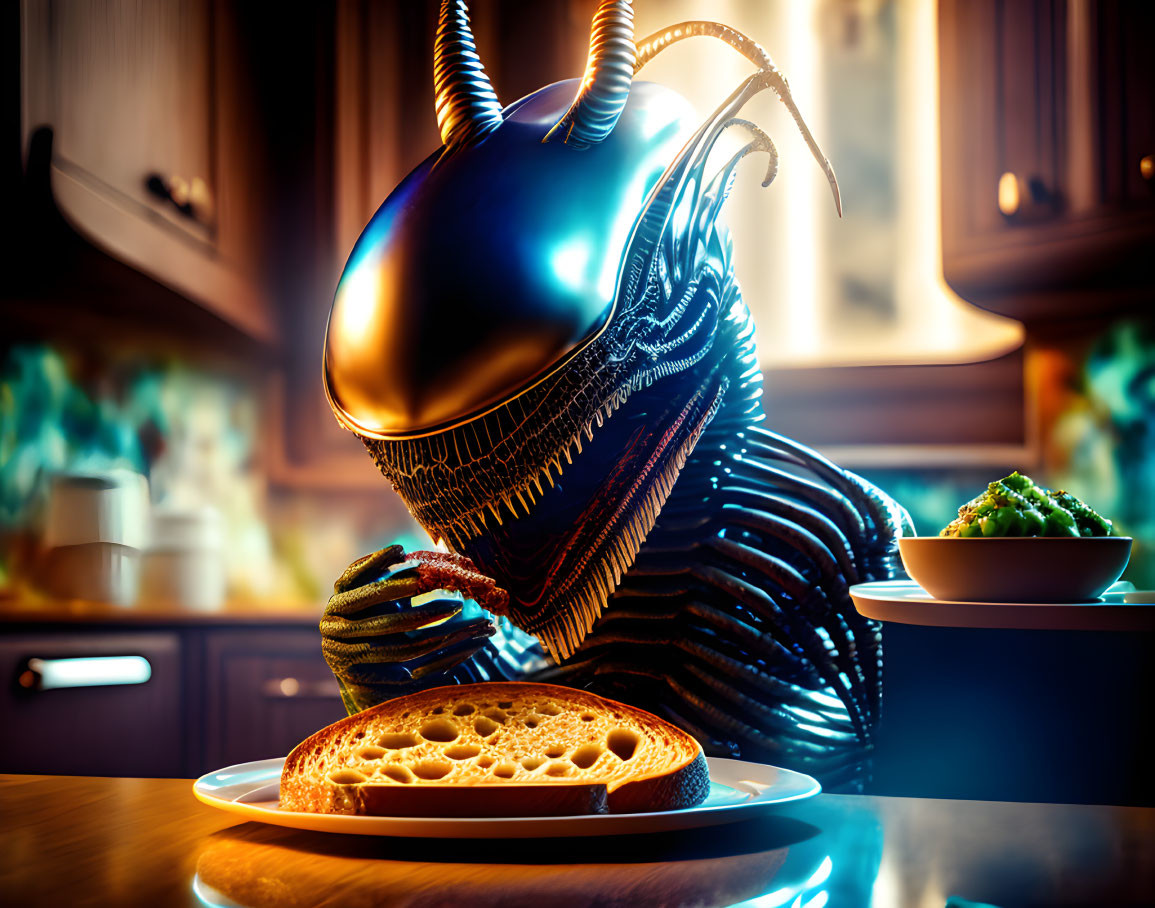 Alien creature at home kitchen table examining bread slice