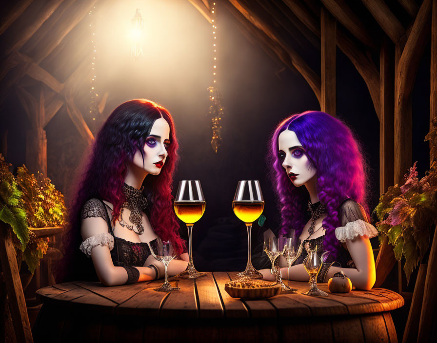 Stylized figures with purple hair at wooden table with golden liquid in rustic setting