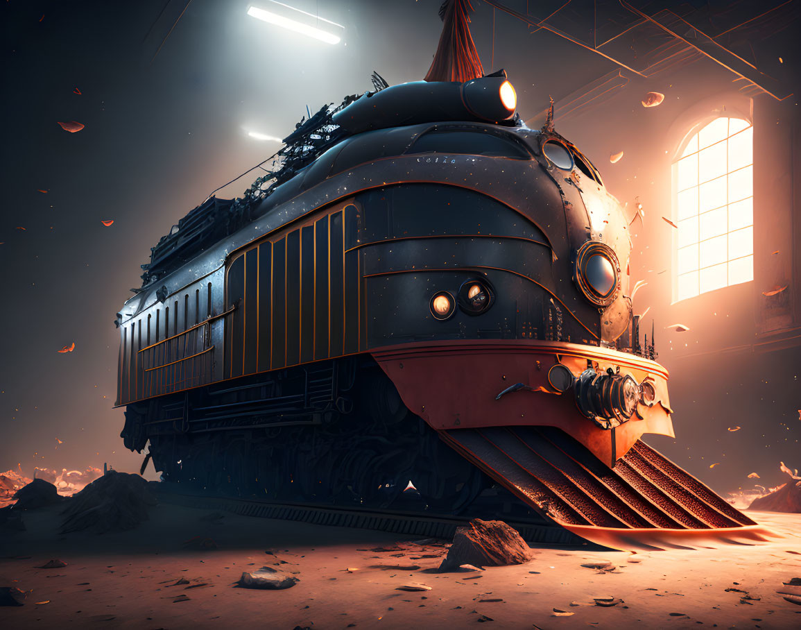 Futuristic train parked in sunlit, debris-filled station