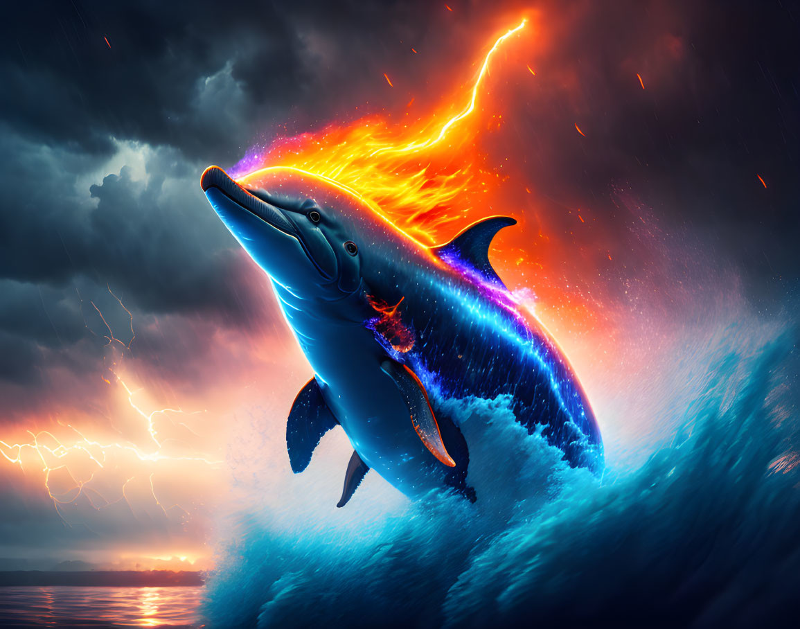 Glowing Outlined Dolphin Leaping from Stormy Ocean Waves