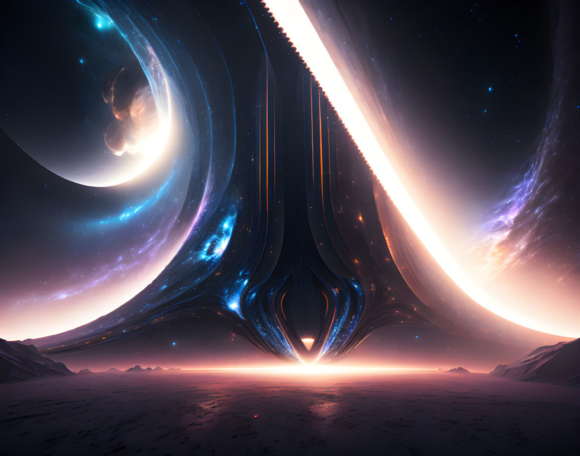 Surreal sci-fi landscape with glowing structure amid galaxies