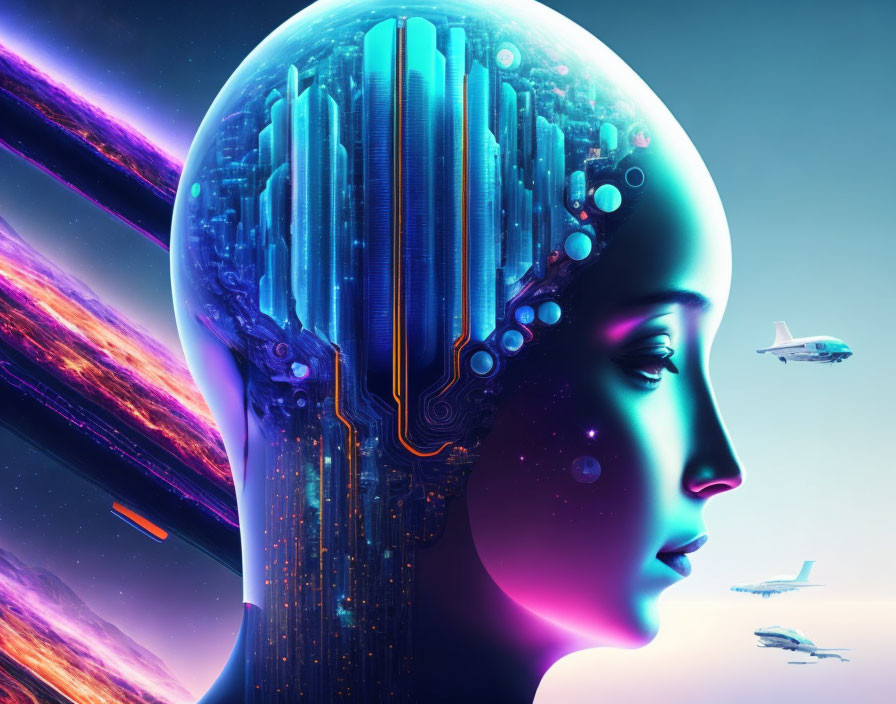 Digital art: Woman's profile with cityscape brain, space backdrop & flying vehicles