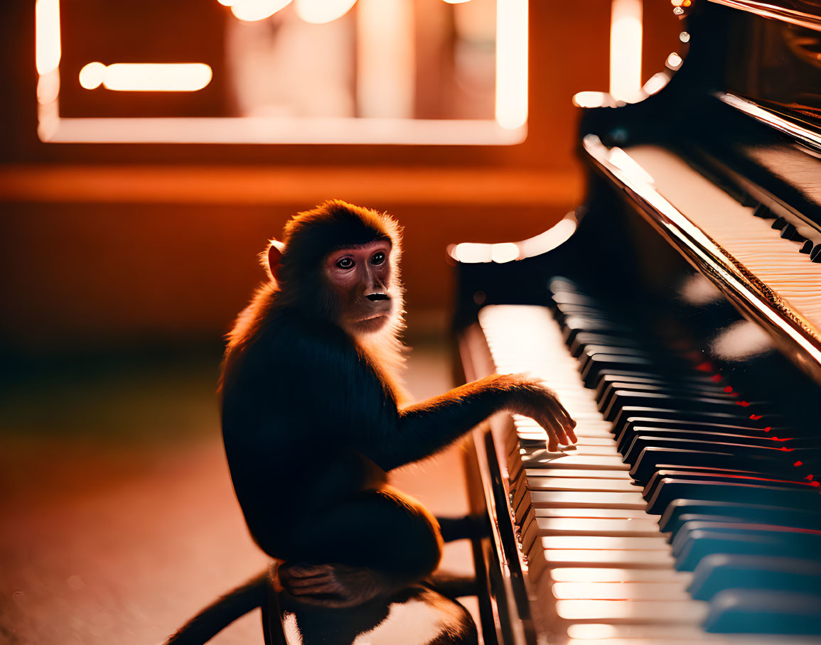 Monkey at Piano in Warmly Lit Room