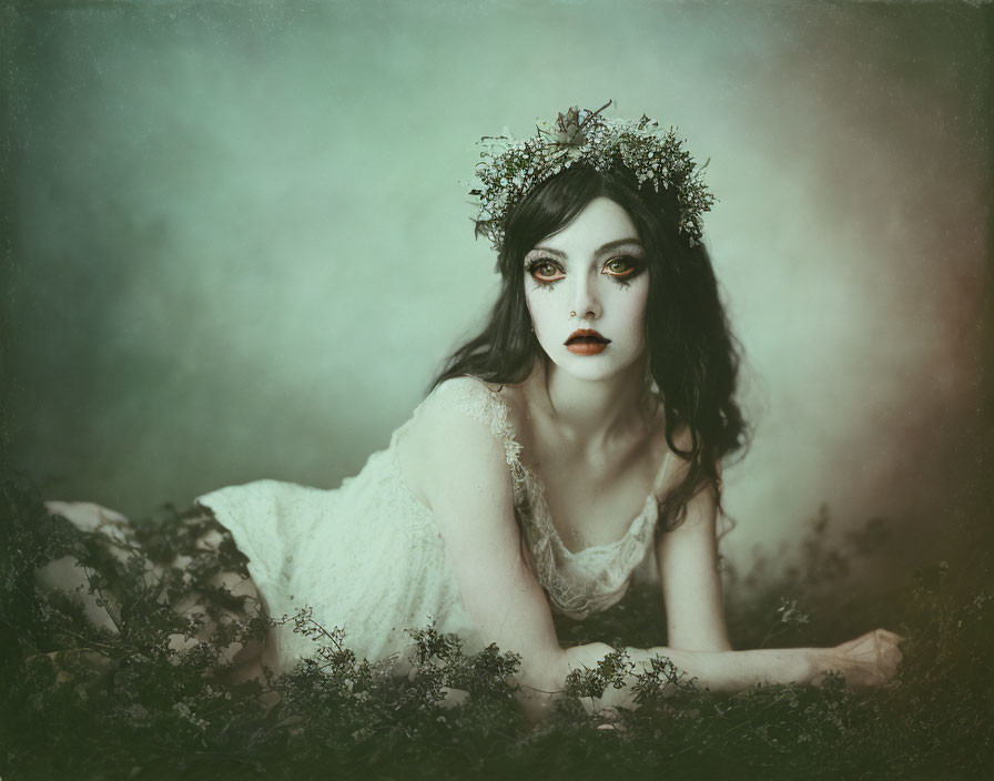 Dark-haired woman in white dress and floral crown in misty green field