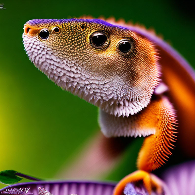 Vividly Colored Gecko on Purple Leaf with Detailed Texture