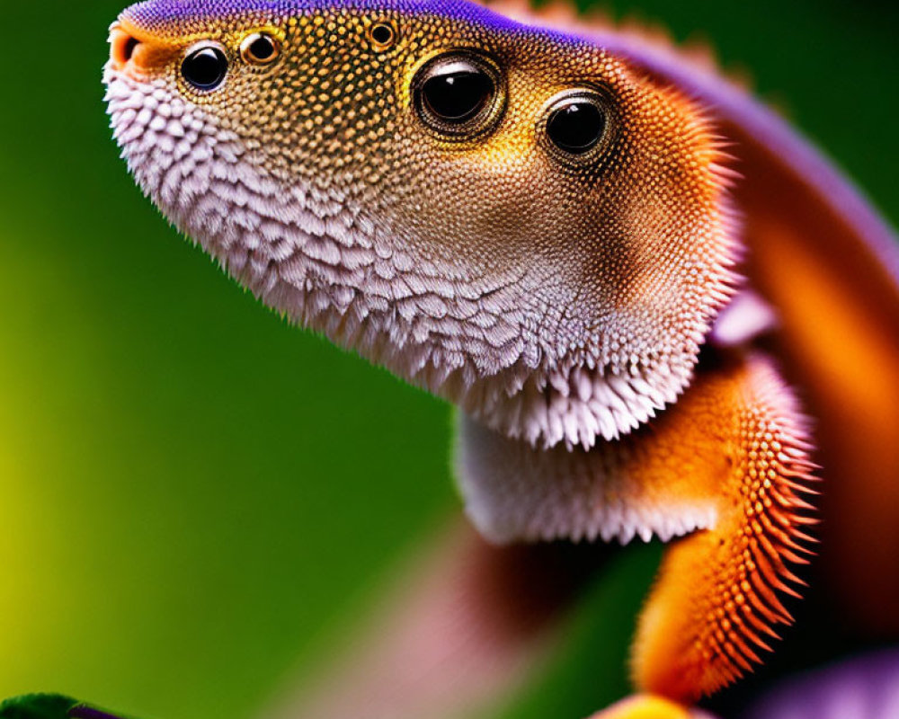 Vividly Colored Gecko on Purple Leaf with Detailed Texture