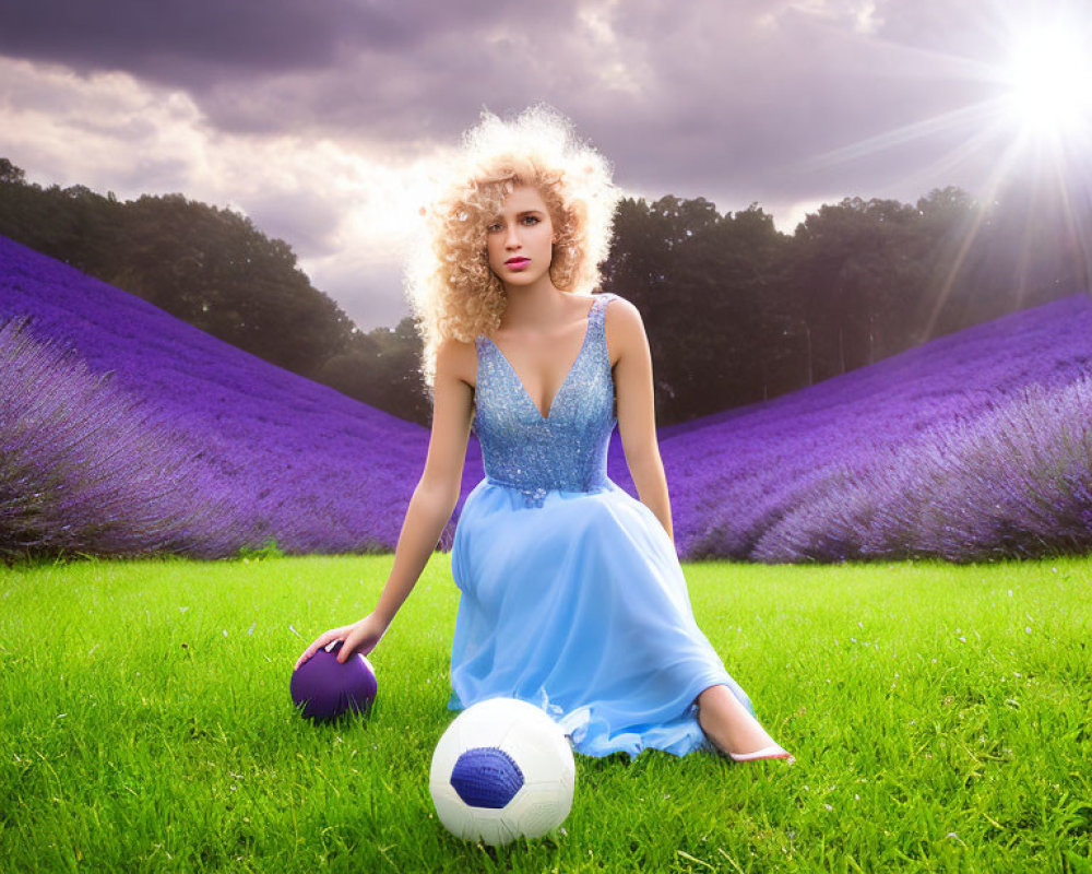 Woman in Blue Dress Kneeling Among Lavender Fields and Soccer Ball