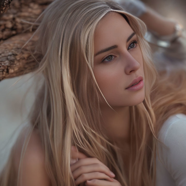 Blonde Woman with Blue Eyes Leaning Against Tree