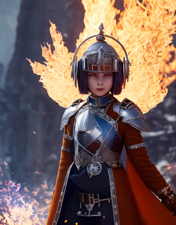 Female warrior in silver and blue armor with purple eyes and fiery wings.