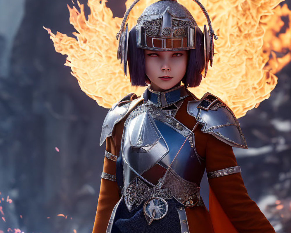 Female warrior in silver and blue armor with purple eyes and fiery wings.