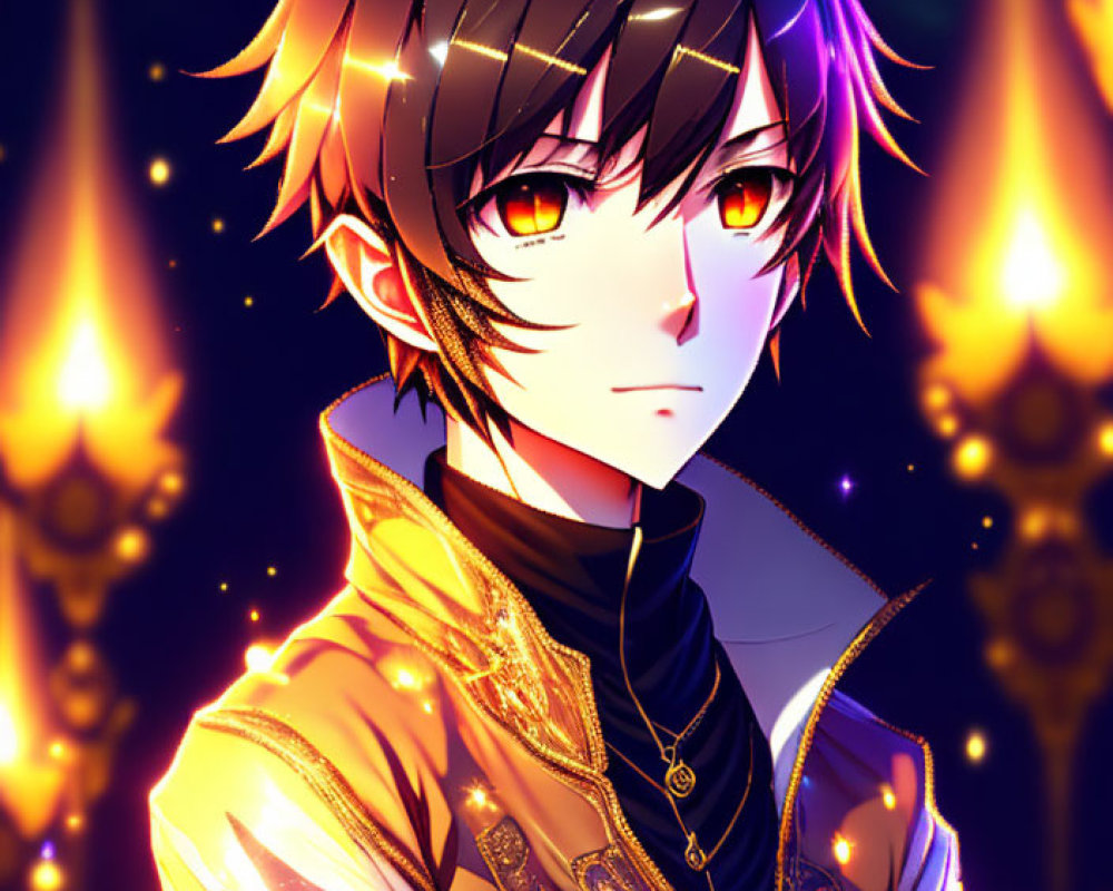 Spiky-haired male character with red eyes in golden jacket