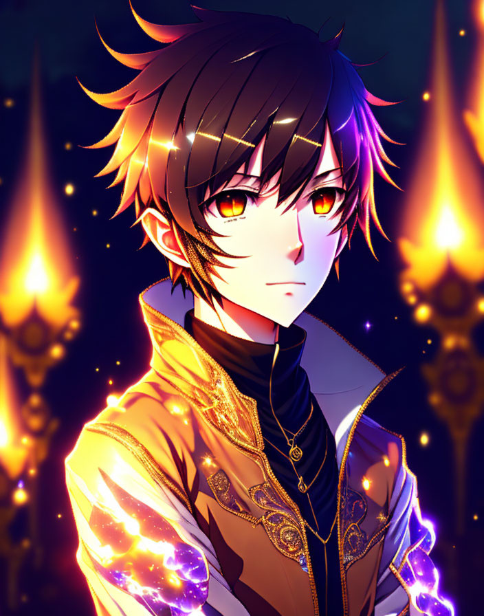 Spiky-haired male character with red eyes in golden jacket