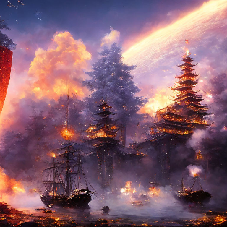 Asian pagodas, ships, fiery clouds, and comet in dramatic scene