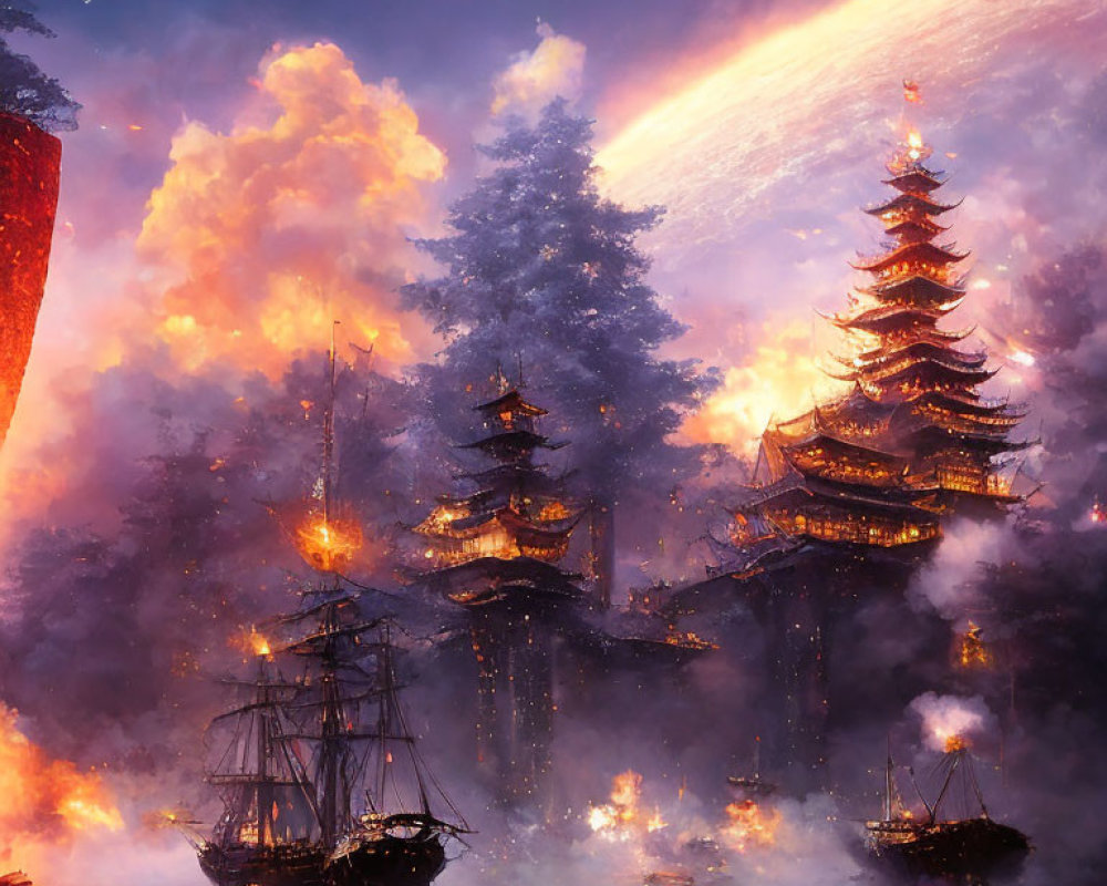 Asian pagodas, ships, fiery clouds, and comet in dramatic scene