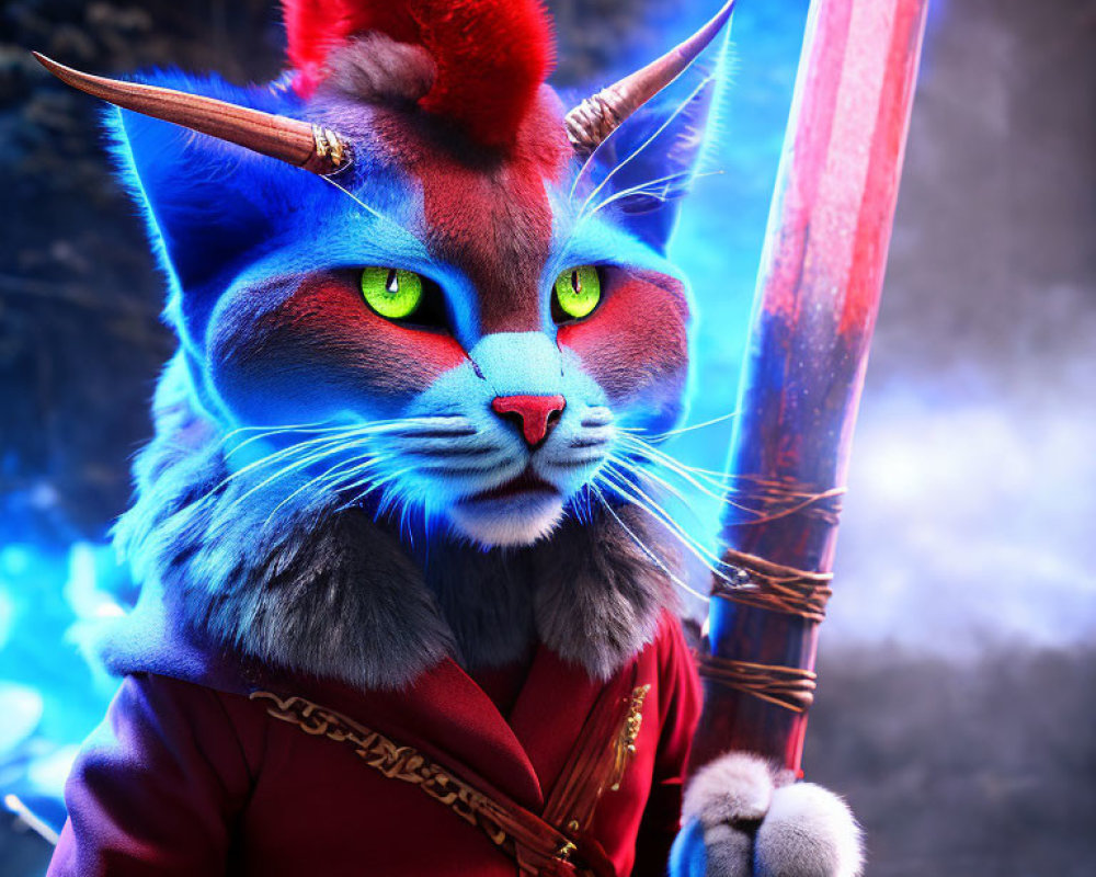 Colorful Warrior Cat with Glowing Sword and Mystic Aura