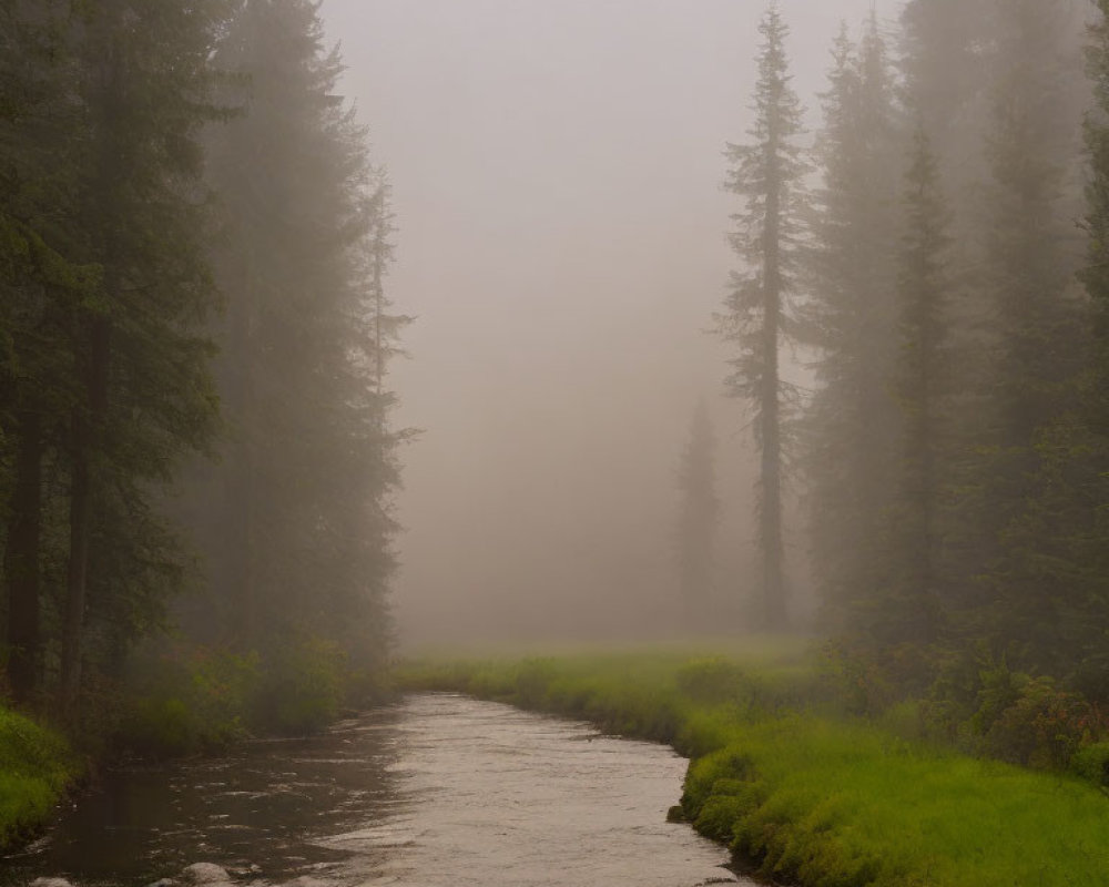 Tranquil river in misty forest with tall evergreens