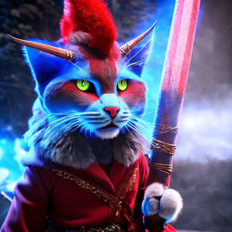 Colorful Warrior Cat with Glowing Sword and Mystic Aura