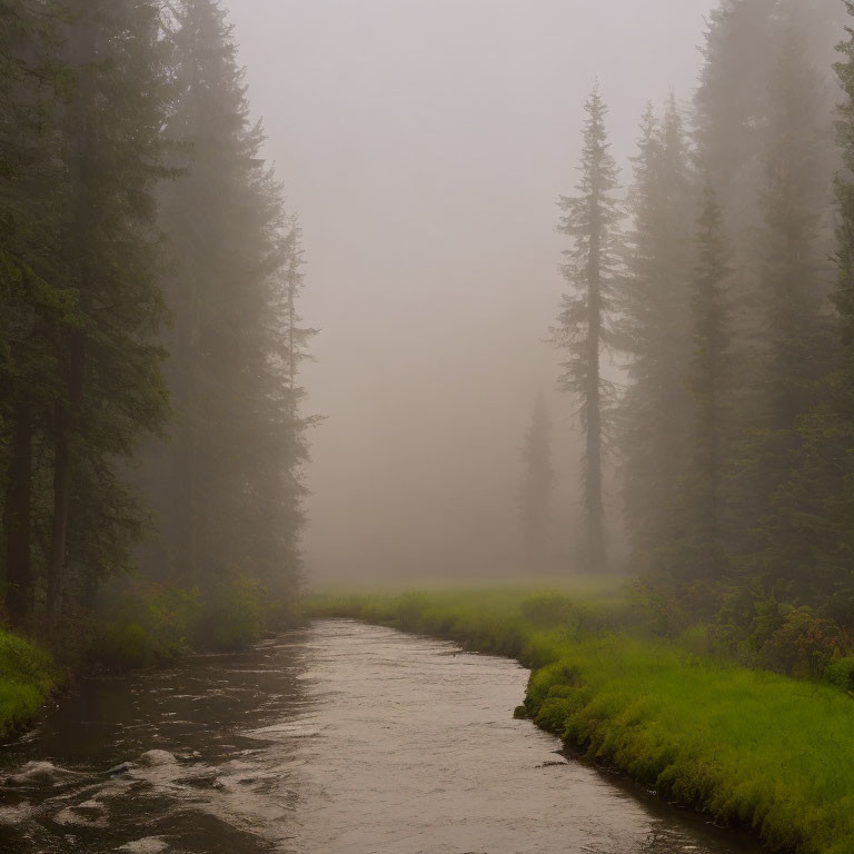 Tranquil river in misty forest with tall evergreens