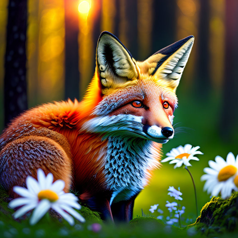 Colorful Fox in Vibrant Forest with Daisies and Sunlight