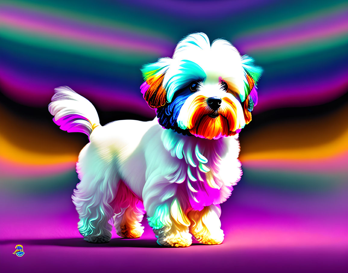 Vibrant neon fluffy dog illustration on purple background