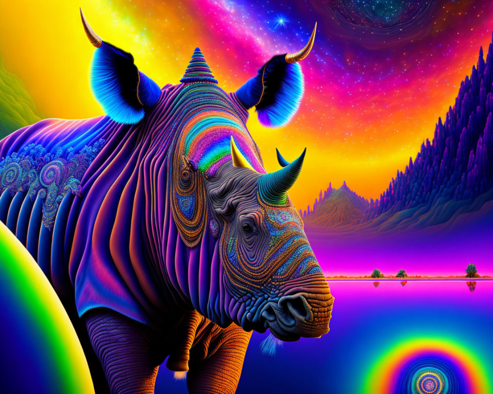 Colorful Psychedelic Rhinoceros in Neon Landscape