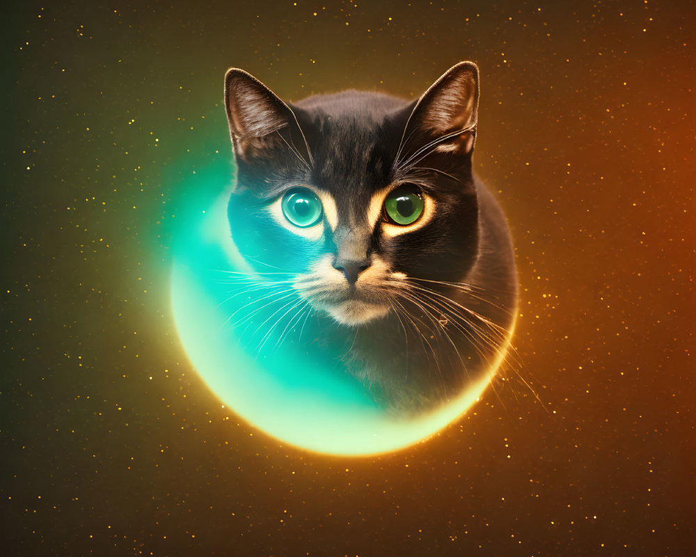 Colorful Cat Artwork with Turquoise and Orange Nebulae Background