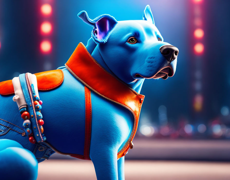 Colorful Stylized Blue Dog in Orange Vest Against Urban Night Backdrop