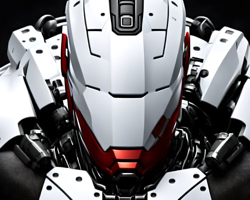 Futuristic white and black robotic head with red eye elements