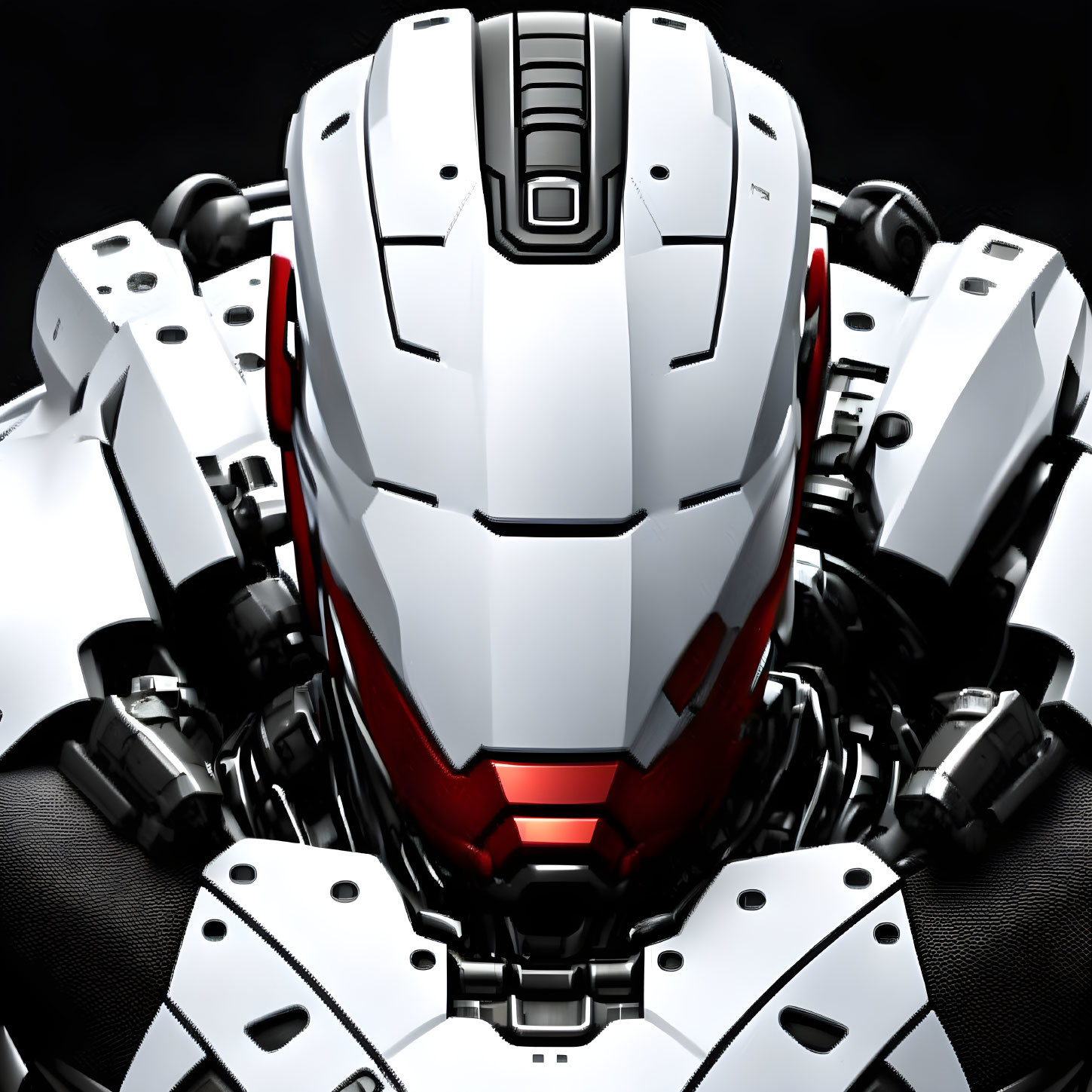 Futuristic white and black robotic head with red eye elements