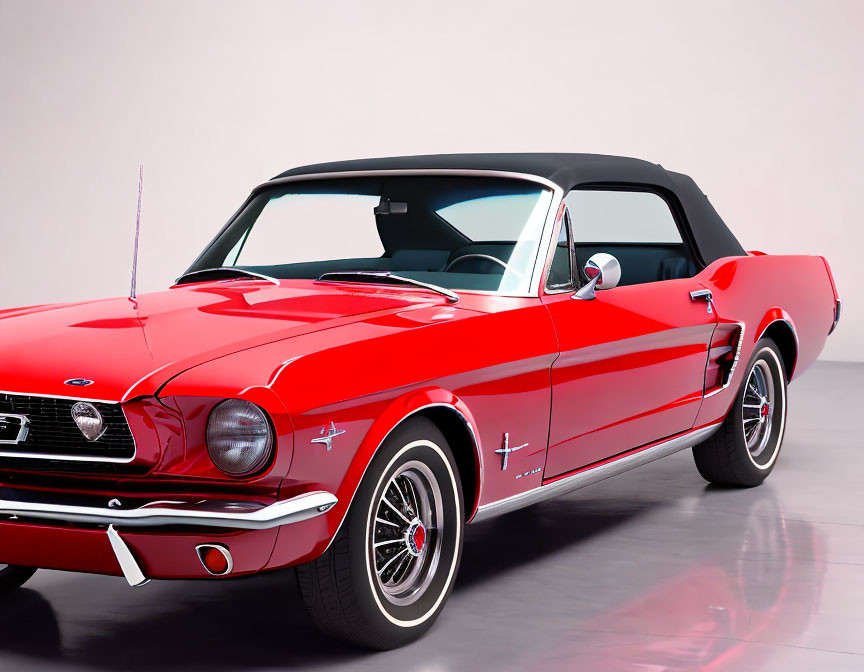 Vintage Red Ford Mustang Convertible with Black Top and Chrome Details